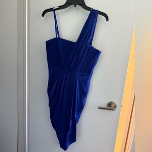 NWT BCBG Max Azria one-shoulder corset dress with draped tulip skirt